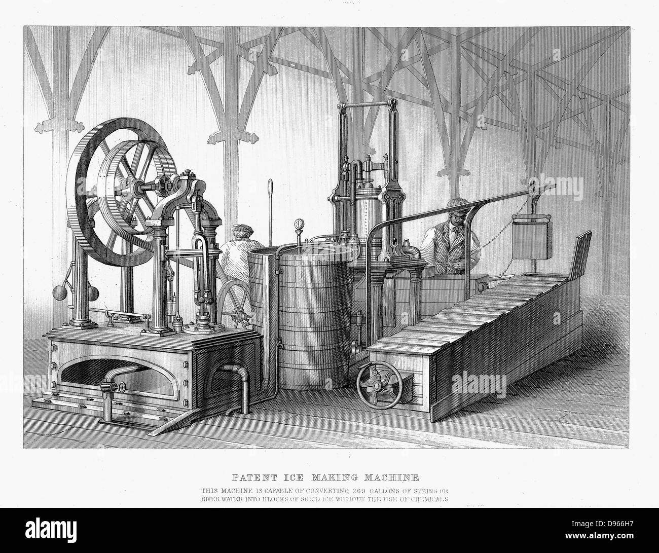 La refrigerazione usando etere: Siebe & Harrison's ice making machine, utilizzando la compressione dell'aria seguita dalla sua improvvisa espansione a congelare l'acqua. Mostrate al salone internazionale di Londra, 1862. Incisione su rame Foto Stock