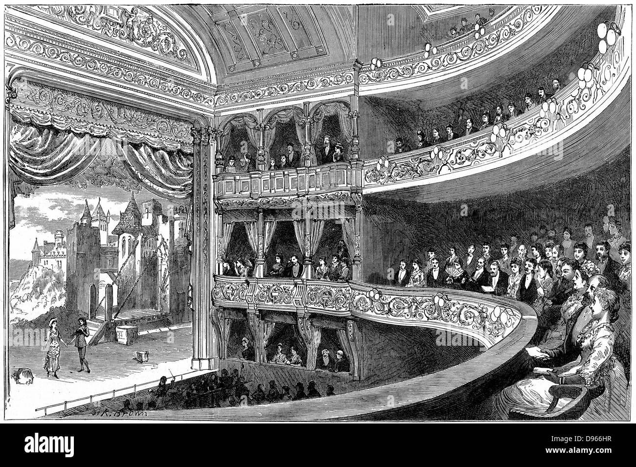 Savoy Theatre, Londra. Casa, non stadio, illuminato da Swan lampade ad incandescenza Lampade elettriche. Costruito da Richard D'Oyly Carte nel 1881, fu la casa di Gilbert e Sullivan operattas. Incisione su legno, 1881 Foto Stock