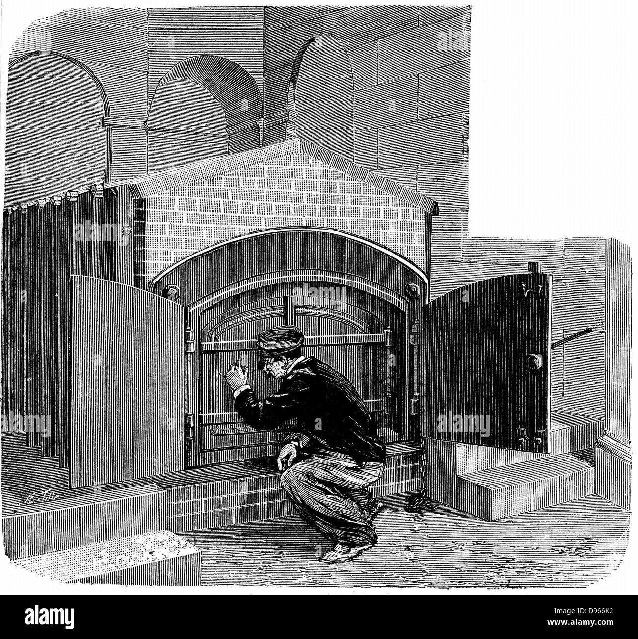 Cremazione: forno del tipo a essere installato in Pere la Chaise crematorio di Parigi, Francia. Illustrazione pubblicato nel 1888 mentre l'edificio era in costruzione. Incisione Foto Stock