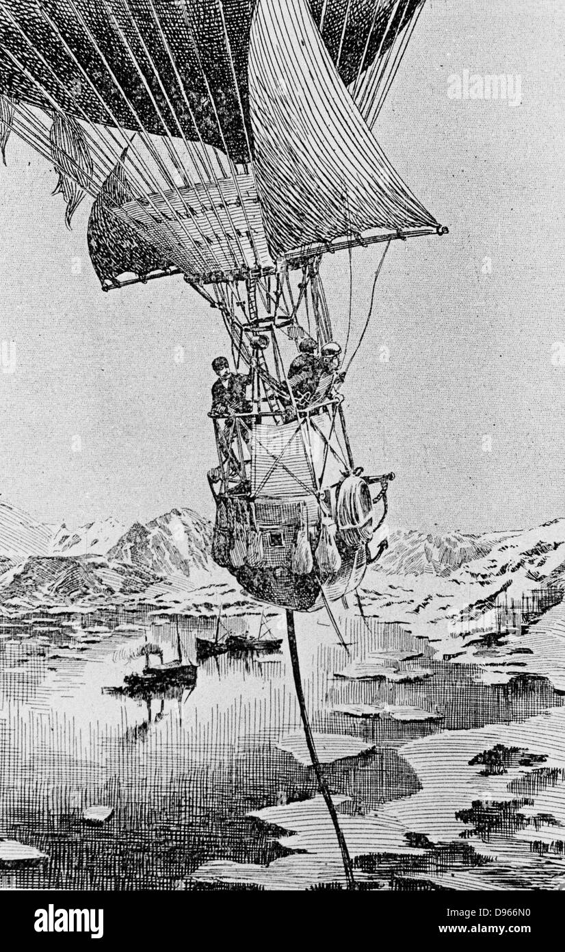 (Salomon) Agosto Andree (1854-1897), ingegnere svedese e il suo team di intraprendere il palloncino fatale spedizione al Polo Nord, 11 luglio 1897. Andree il corpo è stato trovato nel 1930. Incisione. Foto Stock