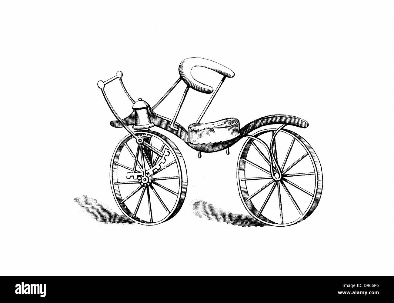 Gompertz Lewis (1783/4-1861) miglioramento del barone von Drais la bicicletta, alimentato da una cremagliera e pignone sulla ruota anteriore. Incisione su legno c1880. Foto Stock