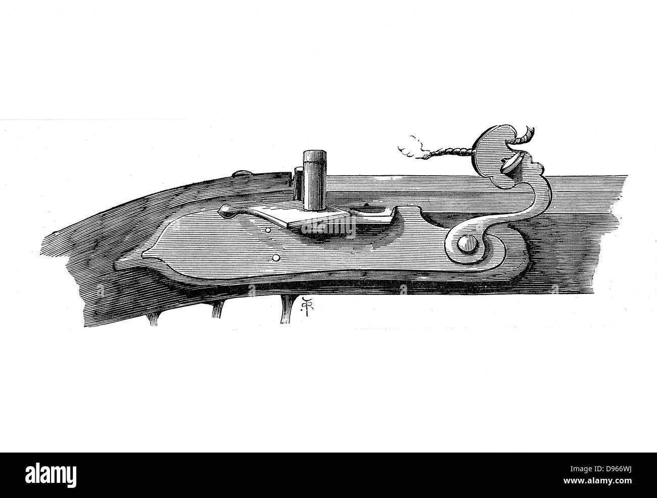 Un meccanismo Matchlock in uso su British armi da fuoco c1700 al momento di William III. Incisione. Foto Stock