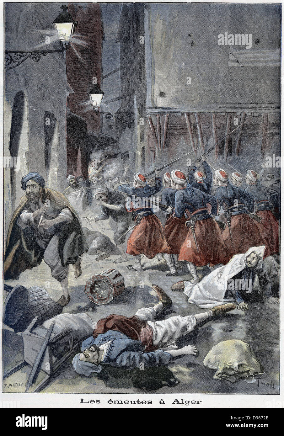 Le truppe di tentare di eliminare le strade durante l arabo/sommosse ebraiche. In Algeria. Da "Le Petit Journal', Parigi, 6 febbraio 1898. Foto Stock