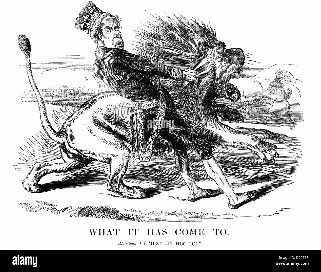 George Hamilton Gordon, 4° Conte di Aberdeen (1784-1860). Statista scozzese: il Primo Ministro inglese 1852-1855. A malincuore ha preso la Gran Bretagna in Guerra di Crimea. 'Foratura' cartoon di febbraio 1854 mostra lui non riesce a trattenere la British lion dal rincorrere l'orso russo. Incisione su legno Foto Stock