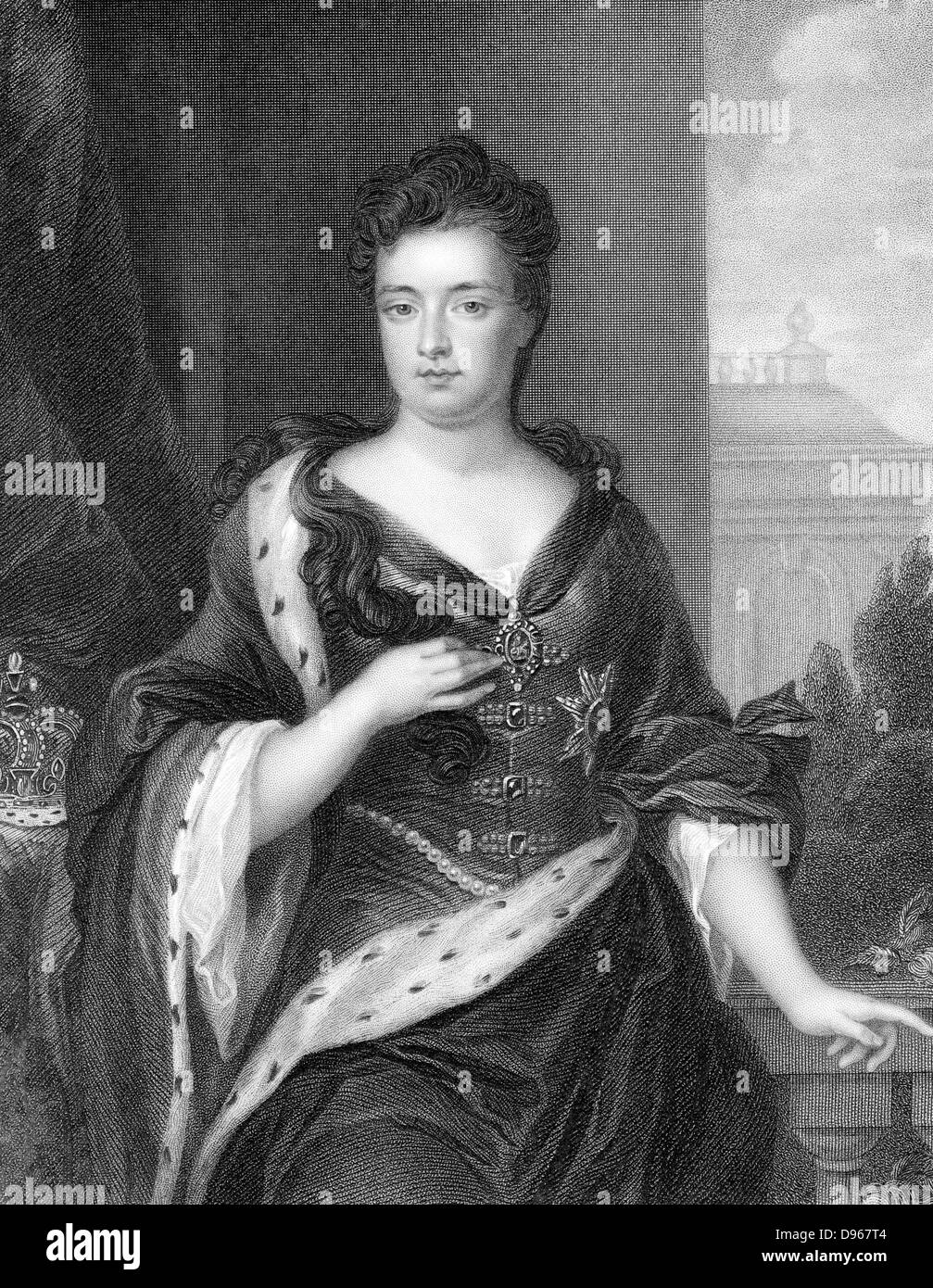 Anne (1665-1714), regina di Gran Bretagna e Irlanda dal 1702. Seconda figlia di Giacomo II e sorella di Maria II. Dopo incisione ritratto da Godfrey Kneller Foto Stock