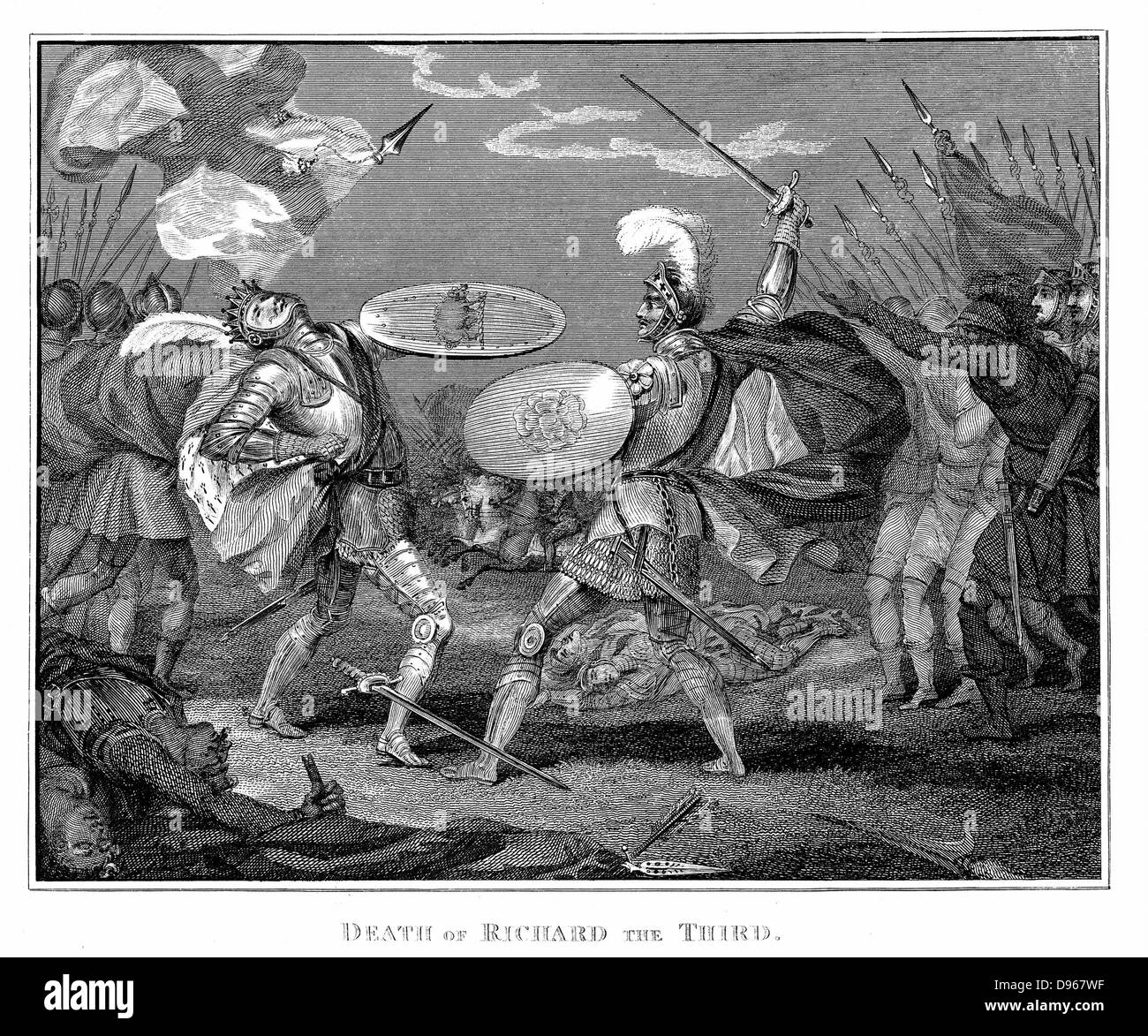 Richard III (1452-1485), re d'Inghilterra dal 1483 uccise a Bosworth campo, 22 agosto 1485, da Enrico VII (1457-1509) primi Tudor monarch dell'Inghilterra. Battaglia di Bosworth messo fine alle guerre di rose. Incisione su rame. Foto Stock
