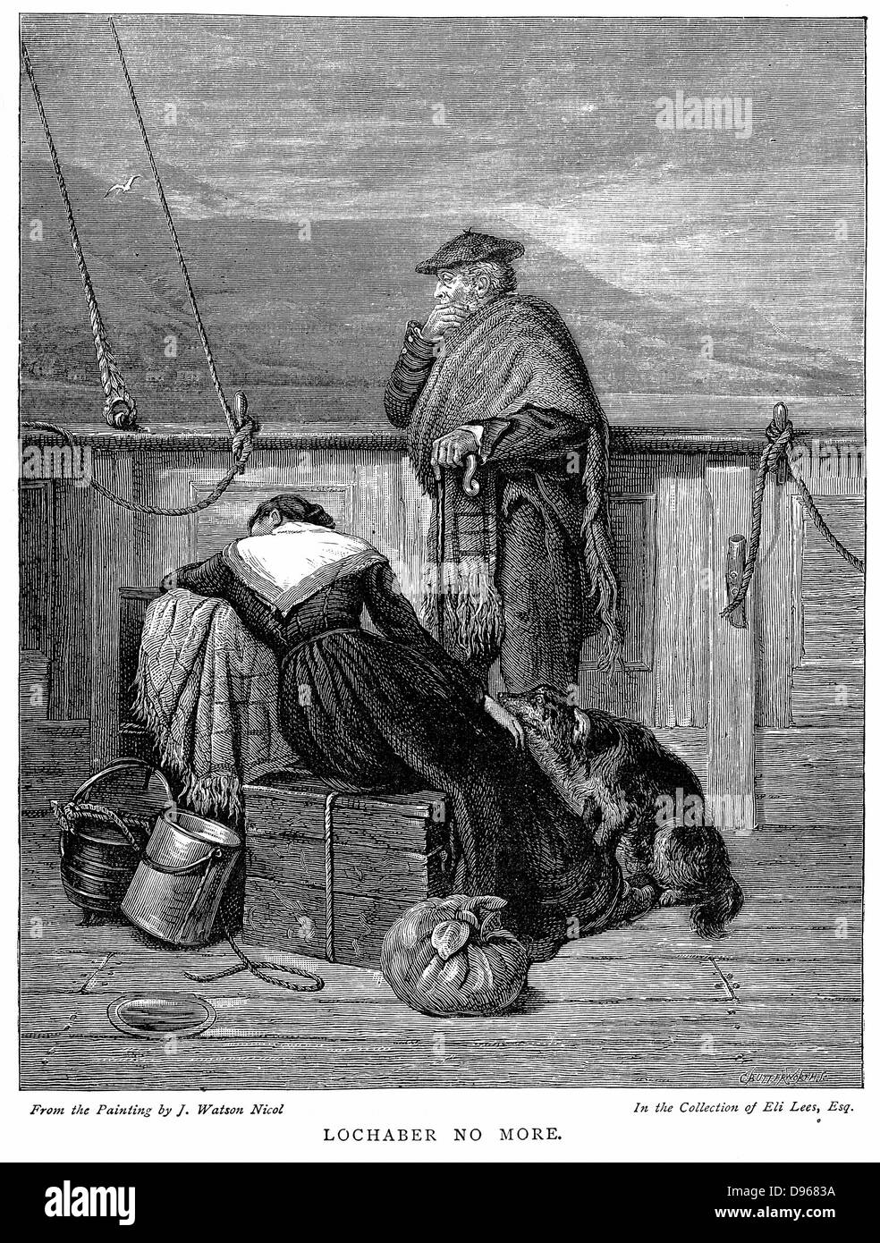 Giochi delle Highland. L'ultima vista home per diseredati crofters. I proprietari terrieri hanno sostituito la inquilini con pecore che erano più redditizie. Incisione, 1886 Foto Stock