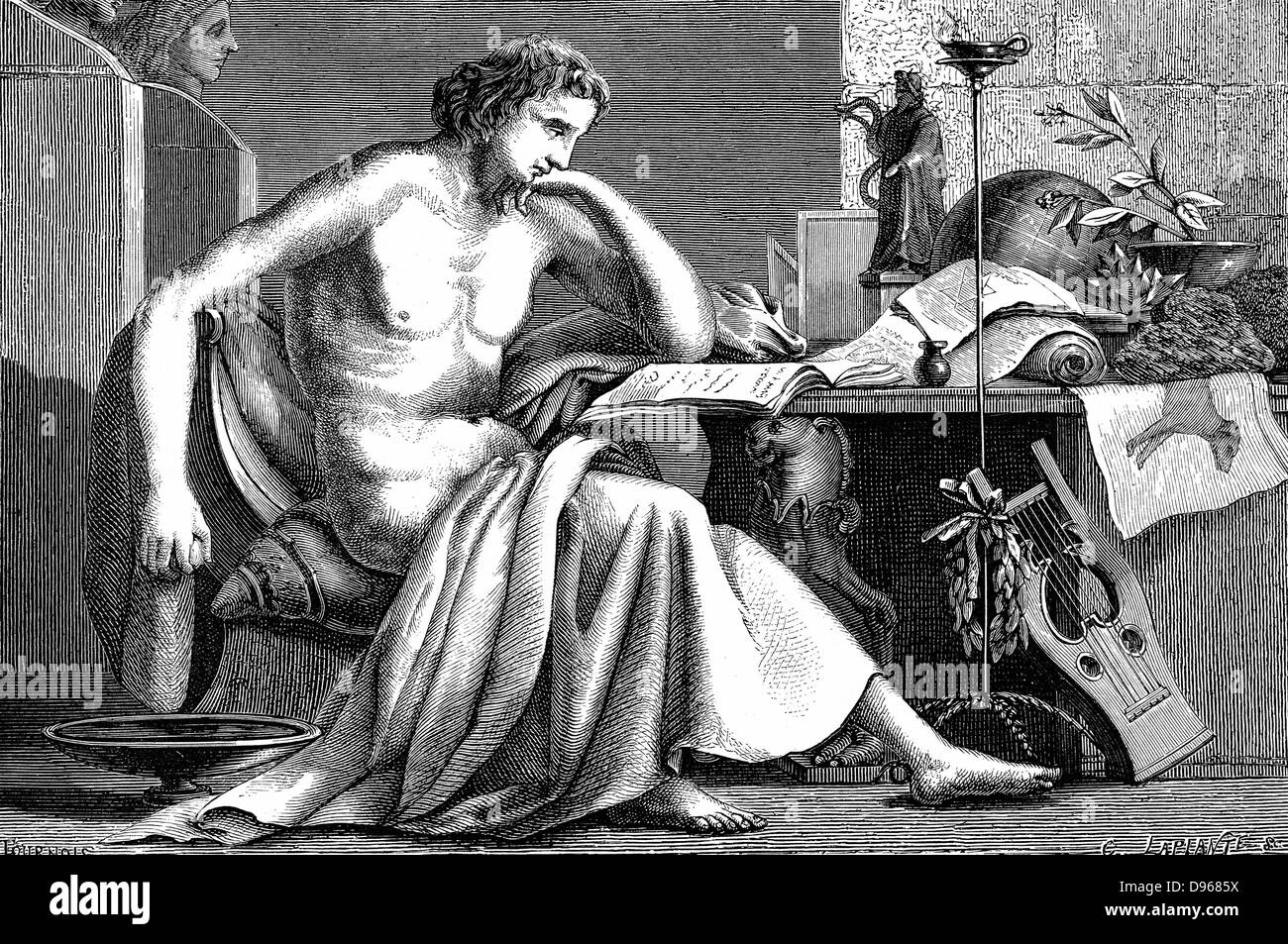 Aristotele (384-322 a.C.) il Greco antico filosofo e scienziato. Aristotele come un giovane uomo nel suo studio. Artista della ricostruzione; incisione su legno c1886 Foto Stock