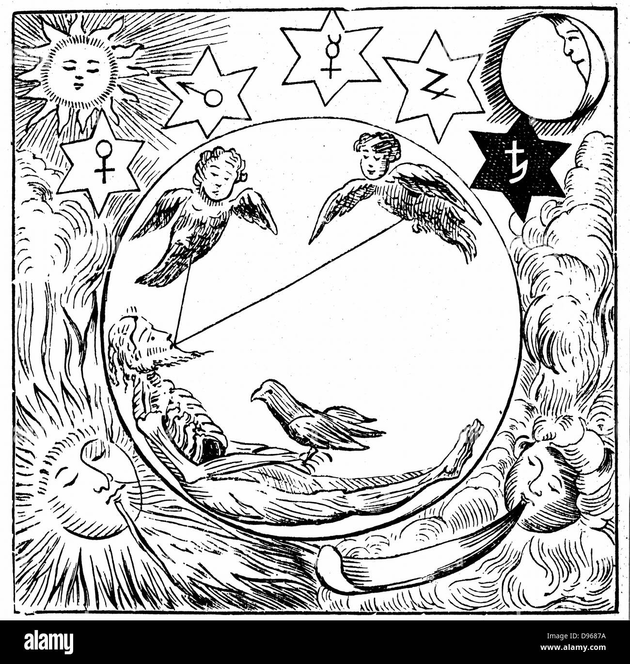 La figura incarcerato nel sepolcro (cerchio) con anima e spirito lasciando (due boy-guidato gli uccelli) ed assorbire il corvo nero. Nel corpo sono sale, zolfo e mercurio. Da Stolcius 'Viridarium Chymicum', 1624. Xilografia. Foto Stock