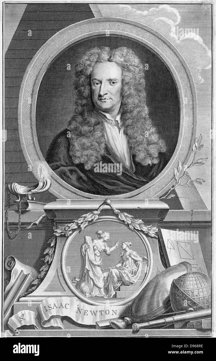 Isaac Newton (1642-1727), matematico inglese, astronomo e fisico. Calcolo Differenziale: gravitazione: natura della luce: telescopio riflettore. Incisione di Houbraken dopo aver ritratto da Kneller Foto Stock
