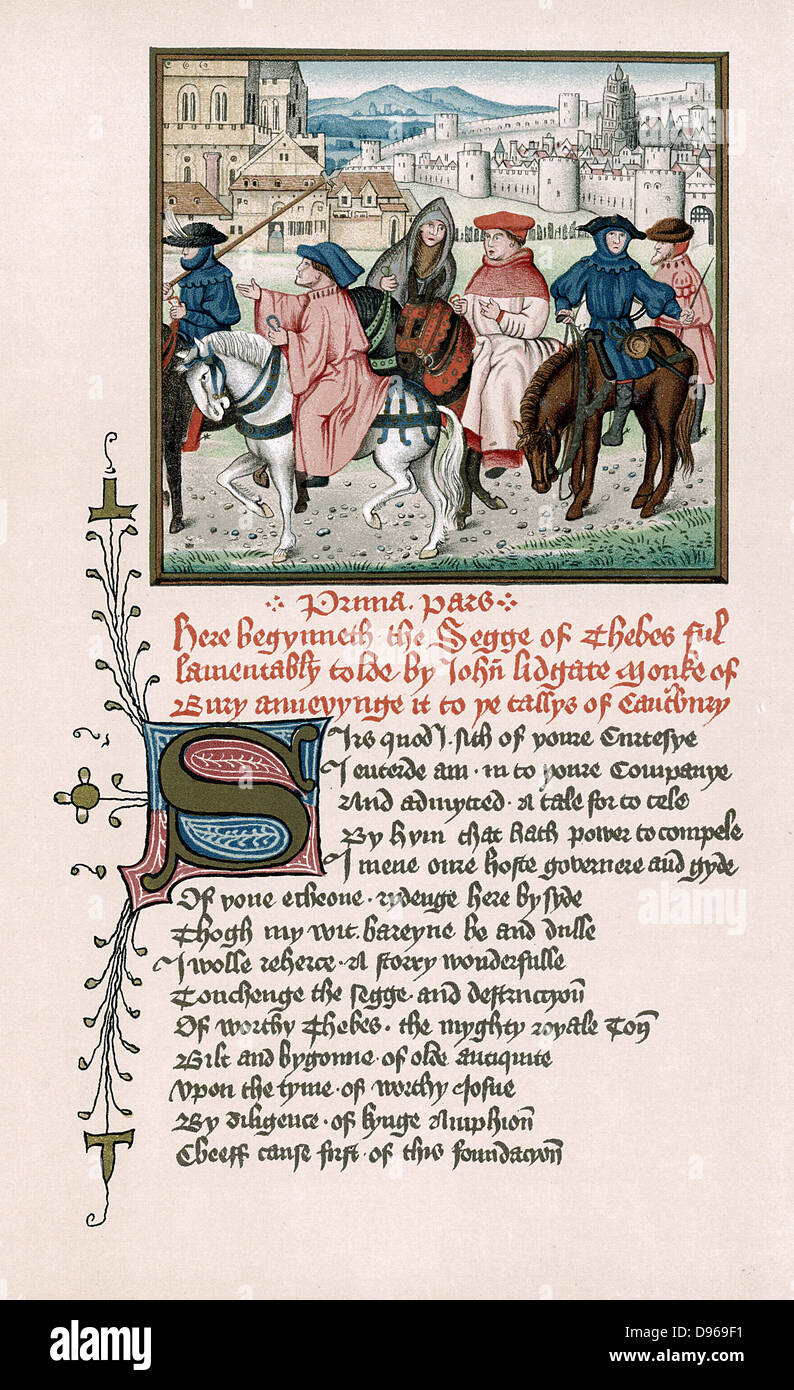 I Pellegrini di Canterbury da Giovanni di Lydgate (1370-1451?) storia di Tebe scritto c1420 e progettato come una aggiunta di Chaucer 'Canterbury Tales". Chromolithograph dopo il manoscritto. Foto Stock