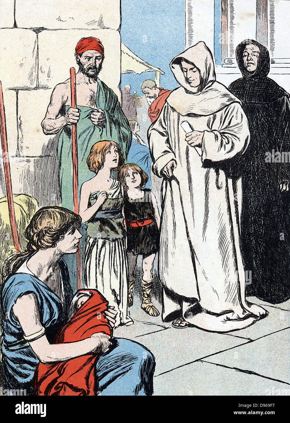 Gregorio I il Grande (C540-604) il Papa da 590. Vedendo i bambini anglosassoni nel mercato di schiavi in Roma e li chiama 'angeli non angoli'. Agostino ha inviato come missionario in Inghilterra. Stampato a colori illustrazione c1900. Foto Stock