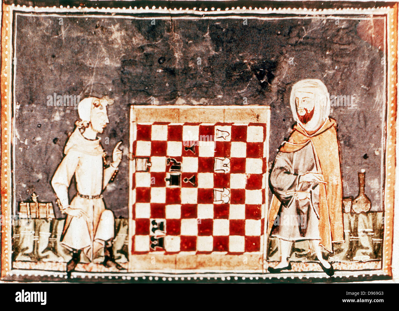 Gioco di scacchi tra un Crusader ed una di saraceni. Dal manoscritto spagnolo di un trattato di scacchi da Alfonso X il Saggio (1221-1284), re di Castiglia e Leon dal 1252. Il XIII secolo. Foto Stock