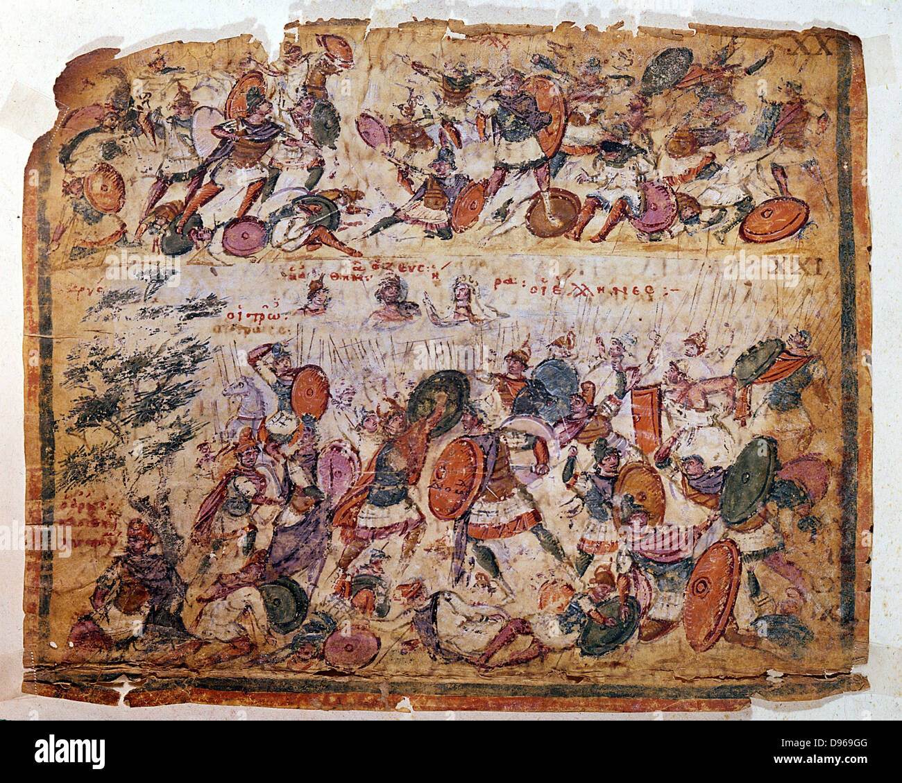 Scena di battaglia da un manoscritto di Omero "Iliade' c300 AD. Biblioteca Ambrosiana di Milano. Foto Stock