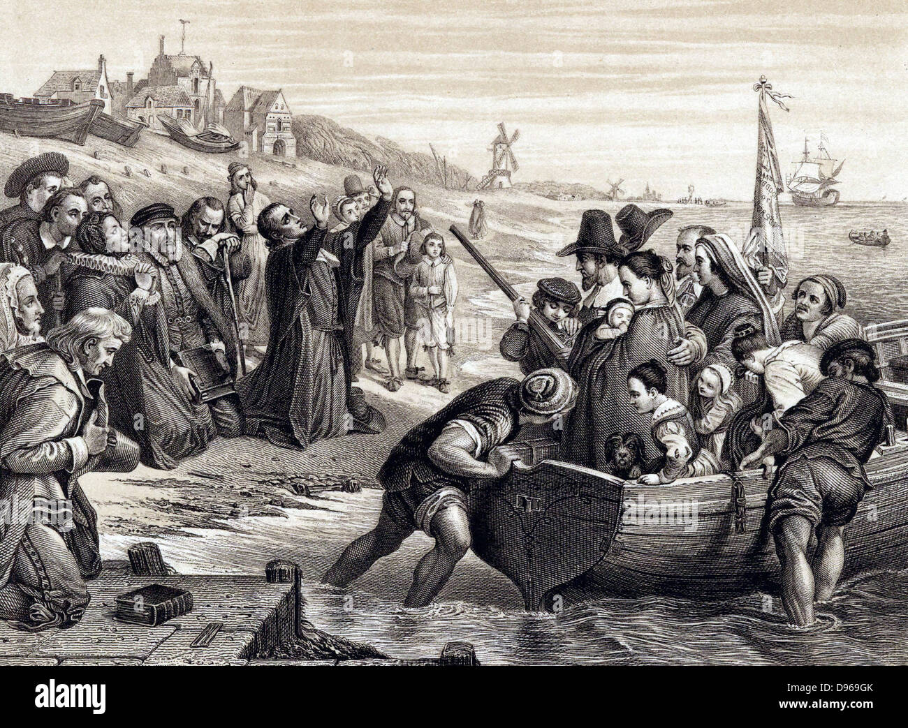 Padri Pellegrini, membri di inglese Chiesa separatista setta di Puritans, lasciando Delft Haven sul loro viaggio in America Luglio 1620. Incisione del 1878 dopo l'affresco di CW Cope. Foto Stock