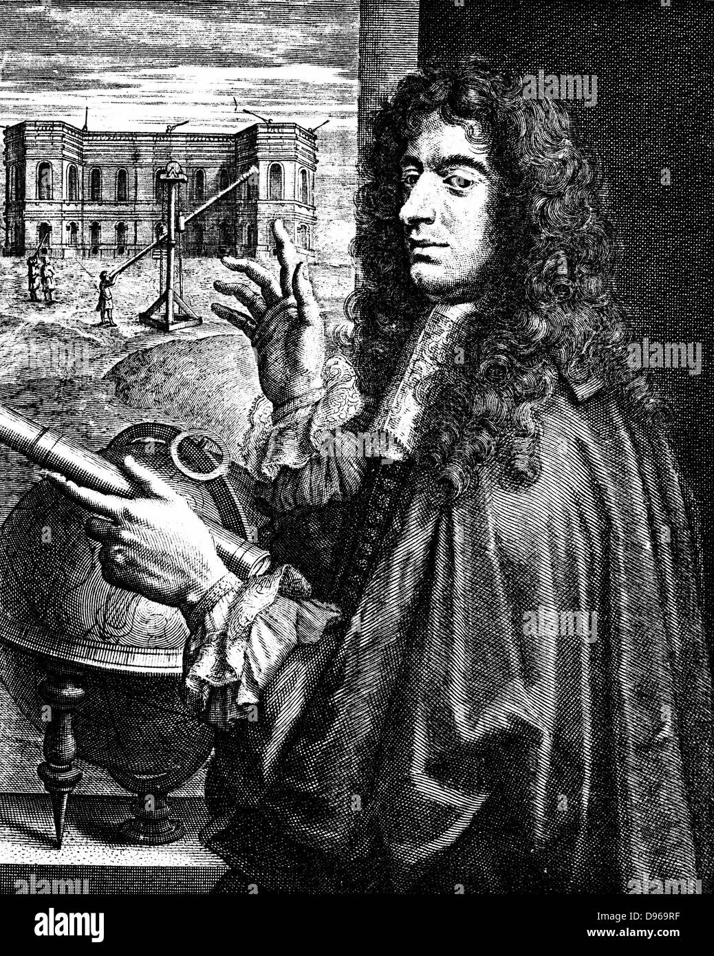 Jean Dominique Cassini (1625-1712) Italiano-nato astronomo francese. In fondo è l'Osservatorio di Parigi che Cassini diretta per molti anni. Incisione Foto Stock