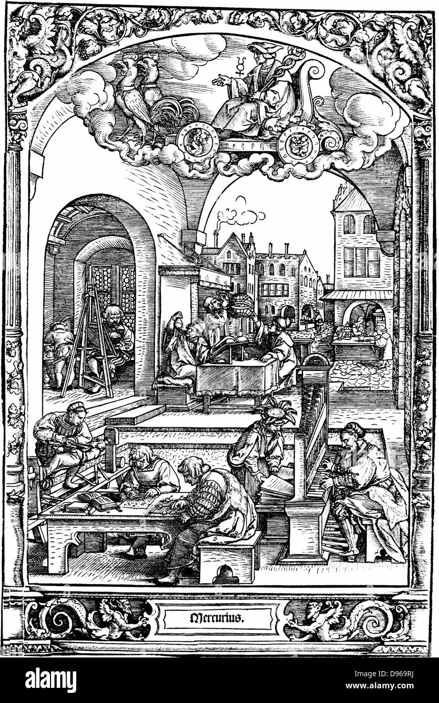 Mercurio: dalla serie di stampe eseguite nel 1531 da Hans Beham Sebold (1500-50), che illustra i pianeti. Pianeta maschio, secco e passivo; quelli nati sotto il mercurio sono eloquenti, inventiva e l amore della scienza, in particolare della matematica e erano alte e sottili e delicati. Pianeta quicksilver di metallo, la sua giornata di mercoledì e sabato notte. Amichevole al sole, ostile a Venere. Aveva due case, Gemini per giorno, Virgo di notte (vedere carro ruote). Foto Stock