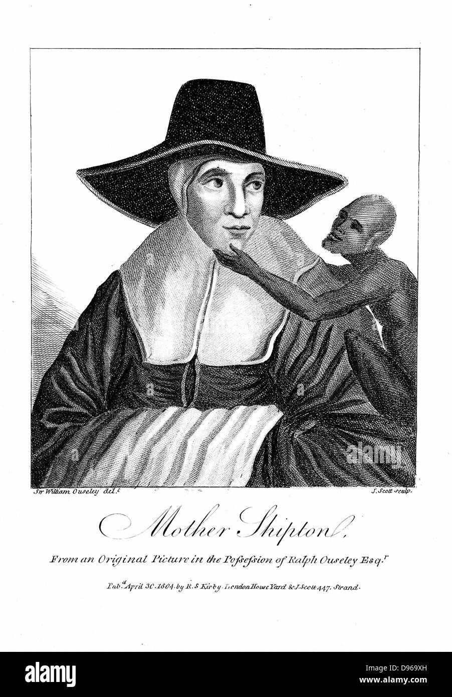 Mother Shipton (1488-C1560) Inglese strega e profetessa, menzionato per la prima volta nel 1641. Qui con il suo familiare, una scimmia. Incisione, 1804. Foto Stock