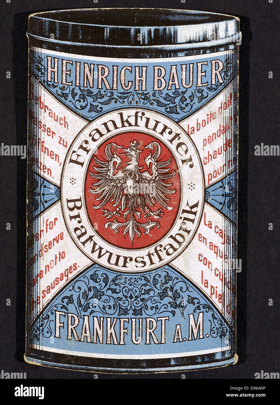 Complementare della scheda commerciale per le conserve di Wurstel prodotta da Heinrich Bauer di Frankfurt am Main. Germania, c1895. Foto Stock