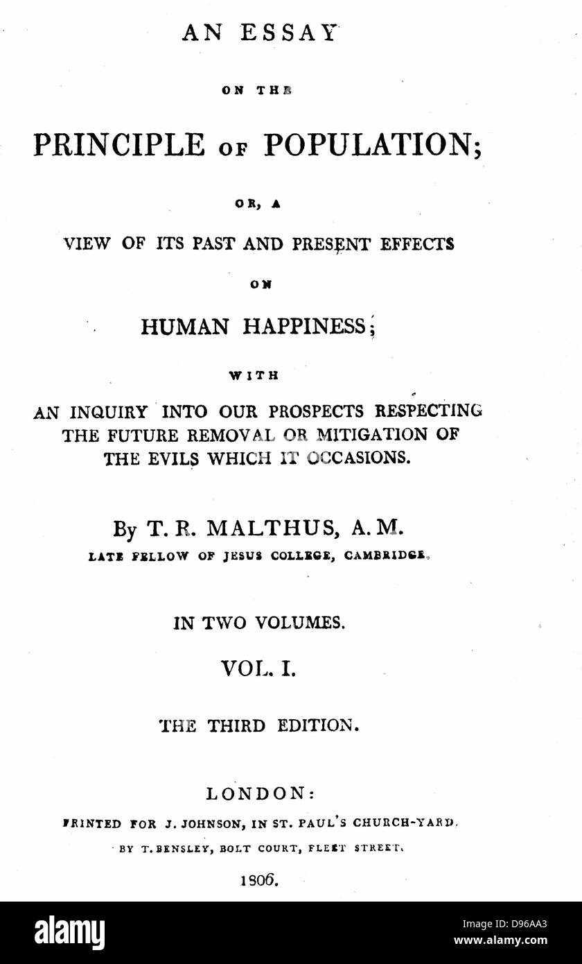 Titolo pagina del primo volume della terza edizione (1806) di Malthus "Saggio sul principio della popolazione": prima edizione 1798. Thomas Robert Malthus (1766-1834) inglese chierico ed economista: l'avvocato del controllo della popolazione Foto Stock