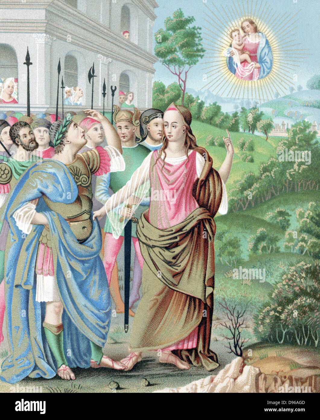 Cesare Augusto - Caio Giulio Cesare Ottaviano (63 BC-14 AD), primo imperatore romano dal 27 A.C. Il Tiburtine Sibyl annunciando ad Augusto la venuta di Gesù. Chromolithograph dopo la miniatura in "Historia romana excerpta ex libris Pauli Orosii', xvi cen Foto Stock