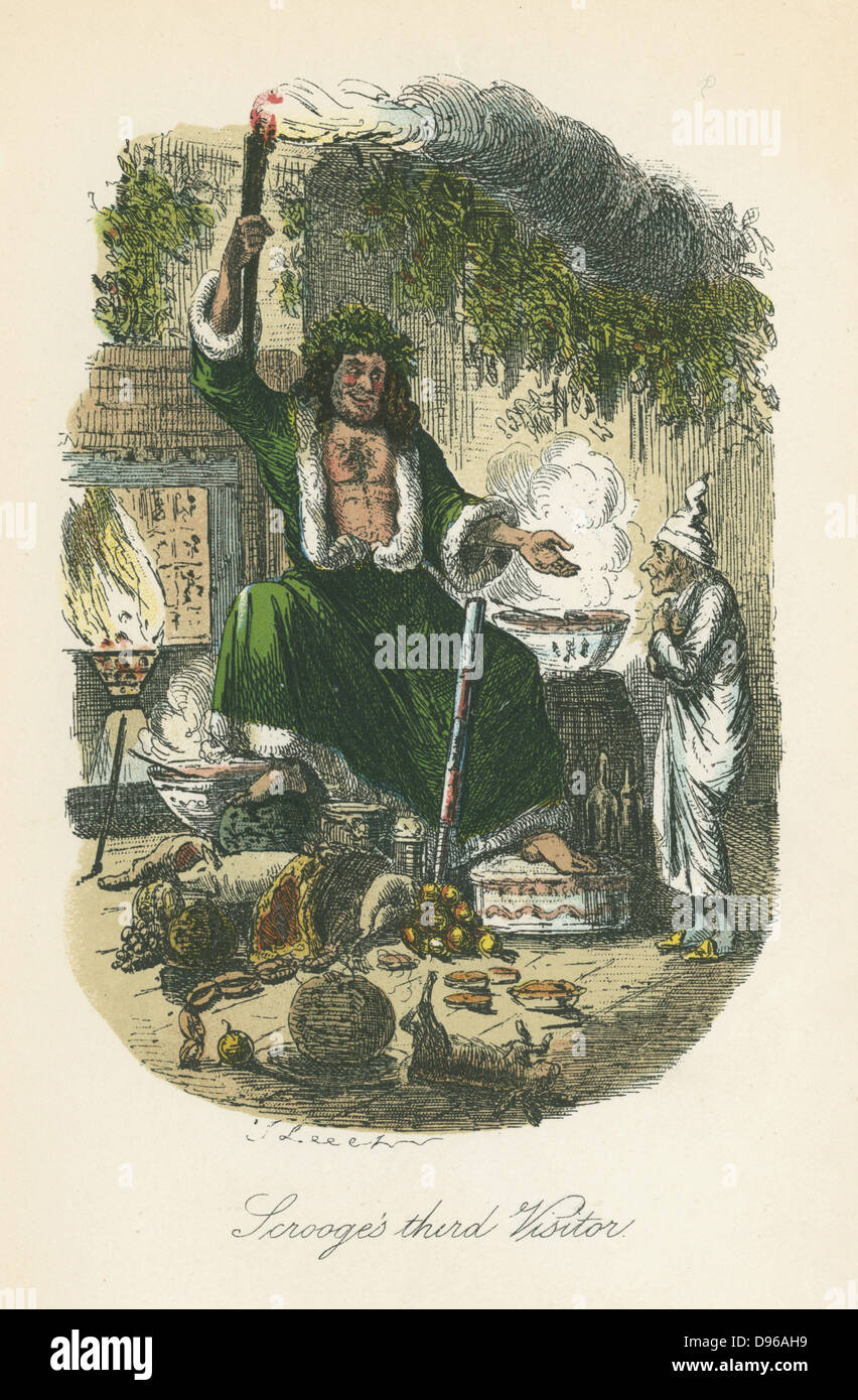 Il fantasma del natale presente che figurano a Scrooge. Illustrazione di John Leech (1817-64) per Charles Dickens "A Christmas Carol", Londra 1843-1834. Foto Stock