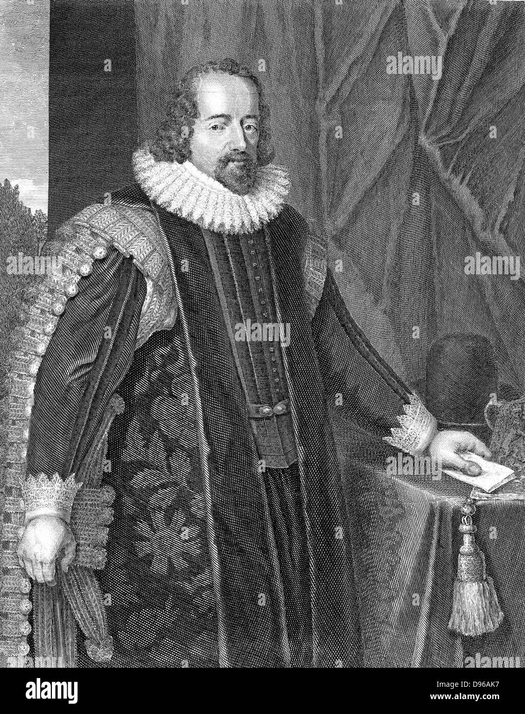 Francis Bacon (1561-1626) Viscount St Albans. Filosofo inglese, scienziato e statista. Qui mostrato dopo la sua nomina come Lord Cancelliere (1618). Nel campo della scienza raccomanda di osservazione e di esperimento anziché aristotelica logica deduttiva. Incisione su rame. Foto Stock