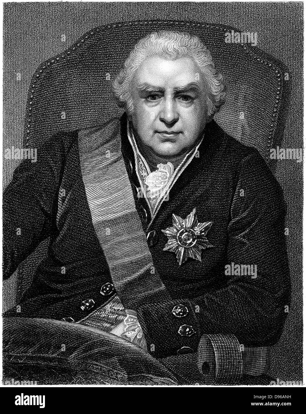 Joseph Banks (1743-1820), botanico inglese e impianto collettore; navigato con James Cook su "Endeavour" 1768-71; presidente della Royal Society per 41 anni dal 1778. Dopo incisione ritratto da Thomas Phillips Foto Stock