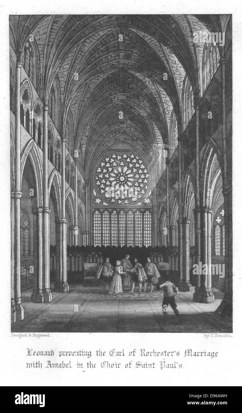 Leonard Holt impedendo l'Earl of Rochester tricking Amabel con un falso matrimonio. Illustrazione di John Franklin (attivo 1800-1861) per William Harrison Ainsworth 'Old San Paolo', Londra 1855 (pubblicato per la prima volta 1841). Incisione. Foto Stock