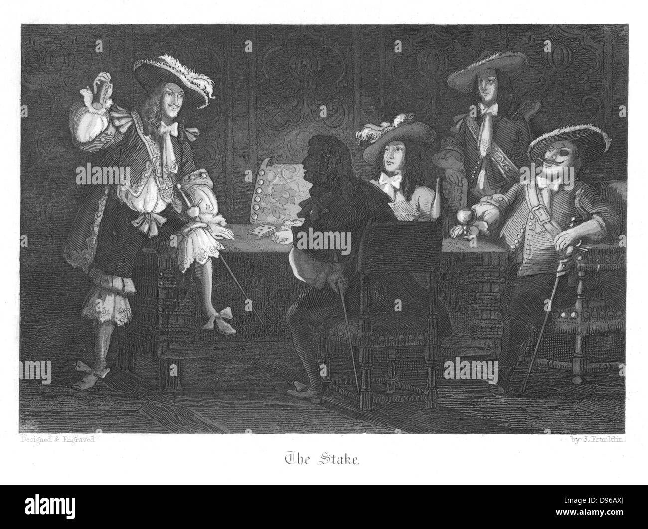 Sir Paul Parravicin (sinistra) il gioco d'azzardo con il Capitano Disbrowe per sua moglie. Disbrowe persa. Illustrazione di John Franklin (attivo 1800-1861) per William Harrison Ainsworth 'Old San Paolo', Londra 1855 (pubblicato per la prima volta 1841). Incisione. Foto Stock