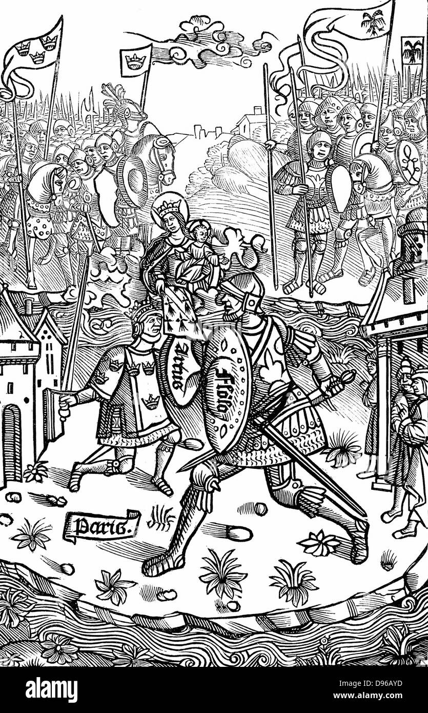 King Arthur, sotto la protezione della Vergine Maria, combatte contro un gigante. Xilografia da "Chroniques de Bretagne' Parigi 1514 Foto Stock