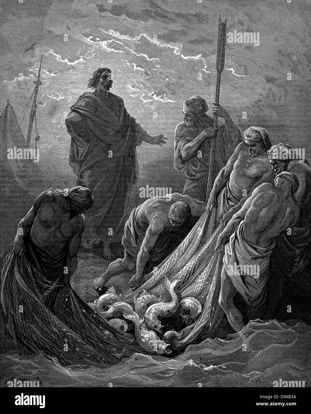 La pesca miracolosa. Luca 5:6. Da Gustave Dore è illustrato "bibbia" 1865 Foto Stock