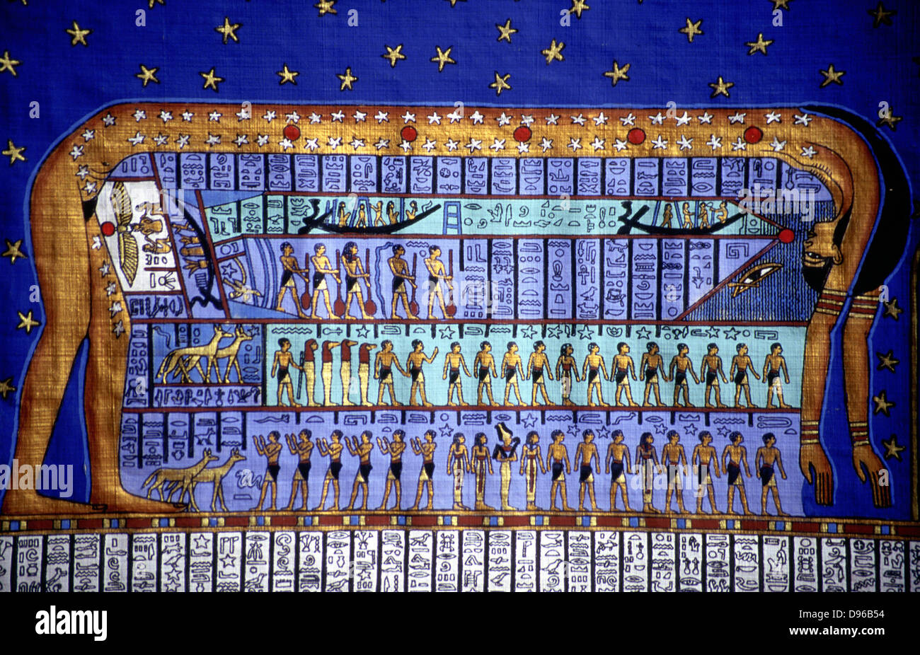 Cosmo egiziano. Il dado della dea della piegatura per formare il cielo. Il papiro copia basata sul ritardo tempio egizio a Denderah. Foto Stock