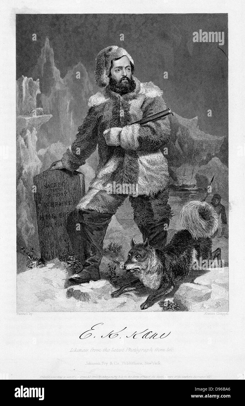 Elisha Kent Kane (1820-57) navale americana e chirurgo Arctic explorer in abito polare. Kane ha preso parte alla ricerca di Franklin Expedition di 1850-1851. Incisione 1862. Foto Stock