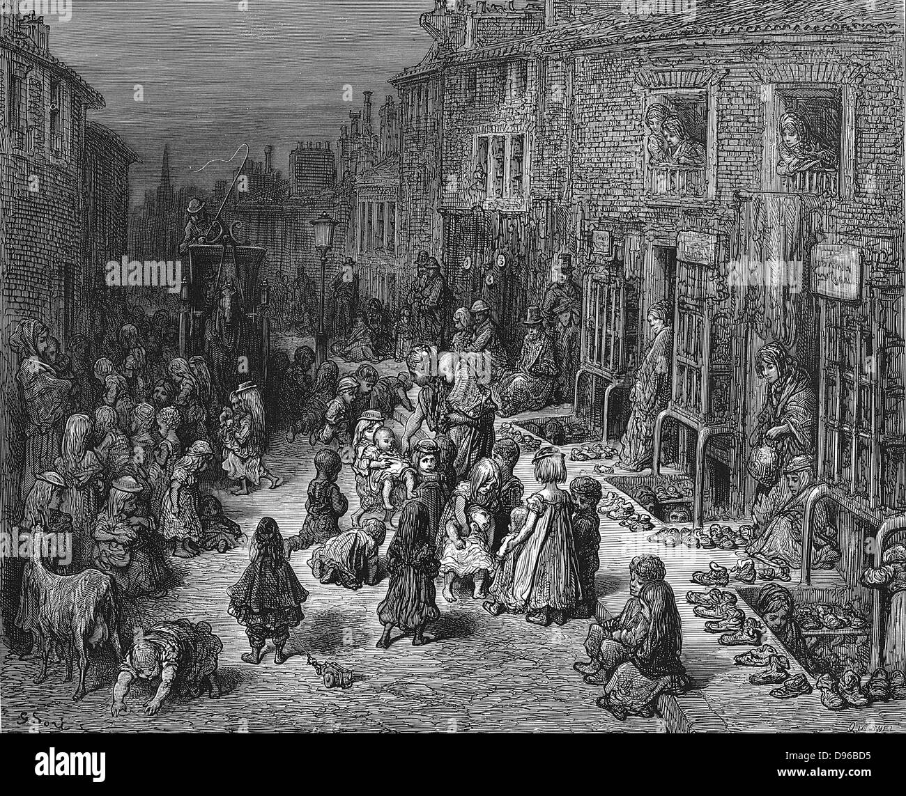 Dudley Street, Seven Dials' : da Gustave Dore e Blanchard Jerrold 'London: Un pellegrinaggio" Londra 1872. Unkempt, sporchi bambini giocare in strada della cabina mentre si tenta di guidare attraverso senza schiacciarli. Incisione su legno Foto Stock