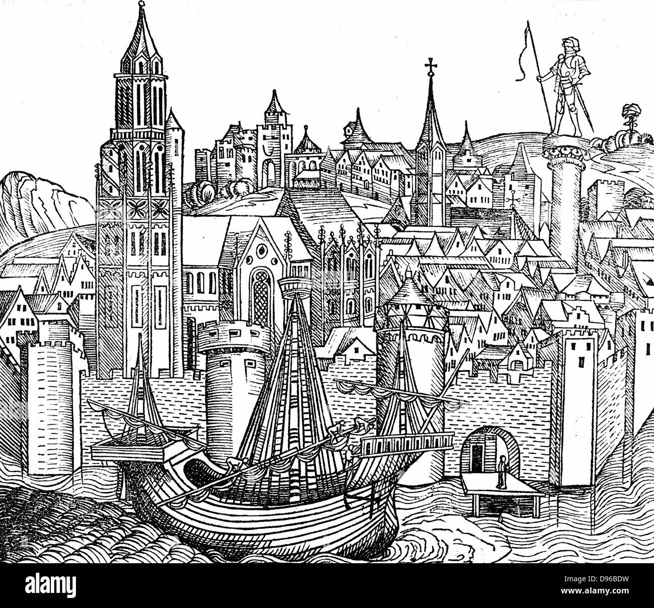 Vista della città fortificata con un dente, un tipo di nave a vela in primo piano. Watergate in basso a destra. Da Hartman Schedel "Liber chronicarum mundi' (Cronaca di Norimberga), Norimberga, 1493, xilografia. Foto Stock