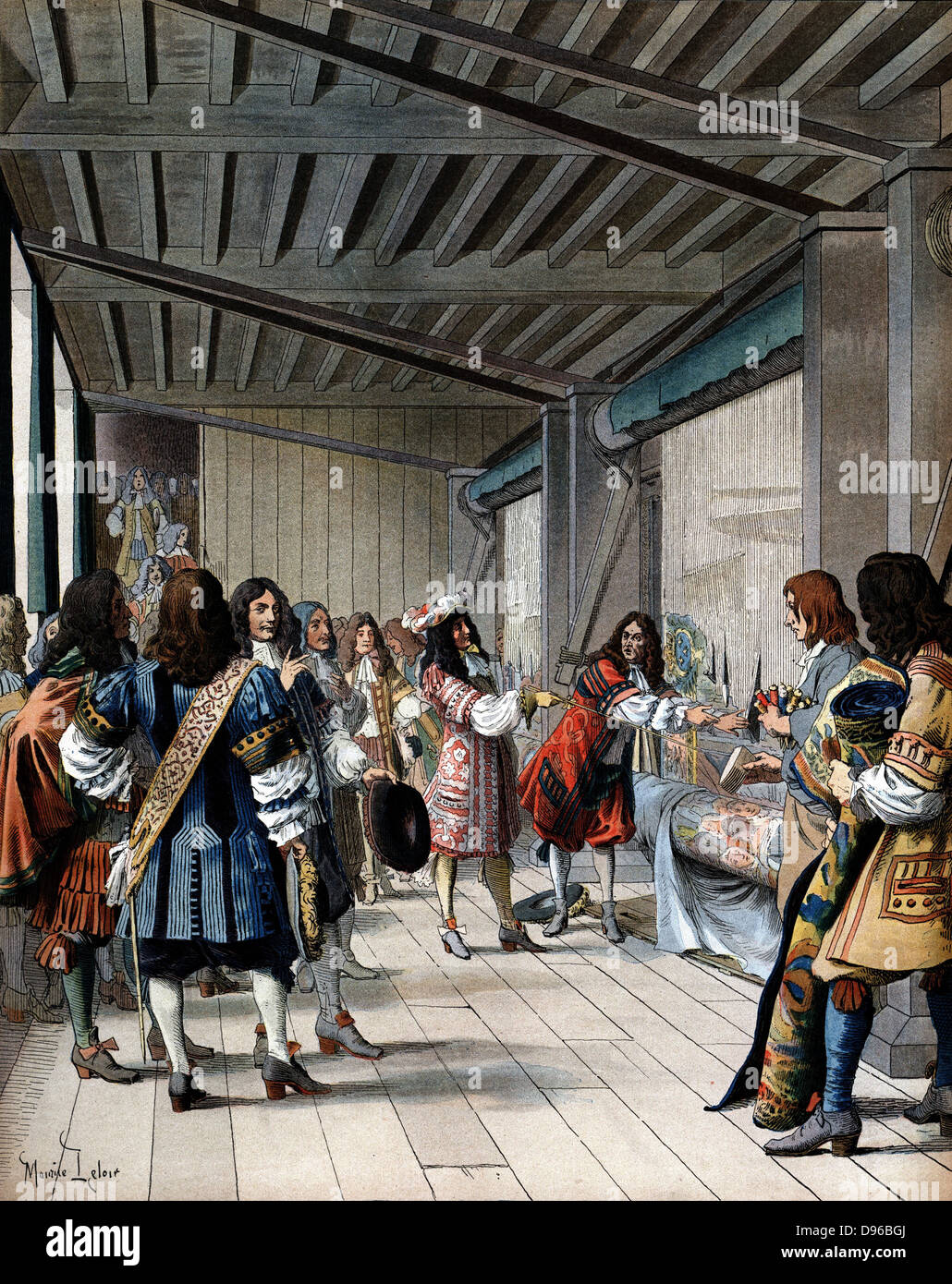 Luigi XIV di Francia (1638-1715) visitando il Gobelins tapestry opere. Colbert, Louis' il ministro delle finanze ha stabilito Gobelins e di Sevres fabbrica di porcellana. Fine del XIX secolo chromolithograph Foto Stock
