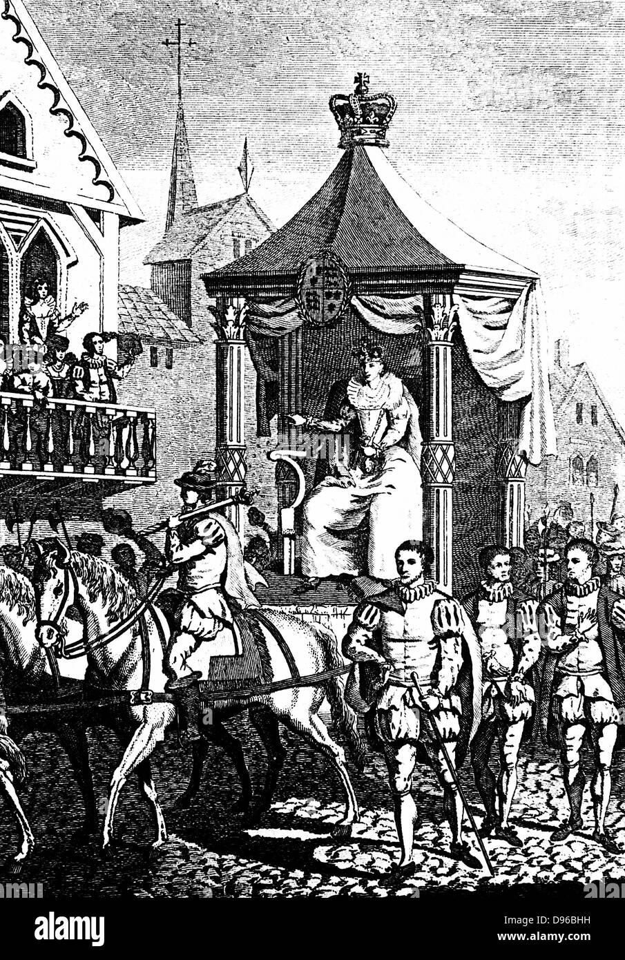 Elisabetta I sul suo modo di aprire il primo Royal Exchange, Londra, 23 gennaio 1571. Incisione su rame c1680. Foto Stock