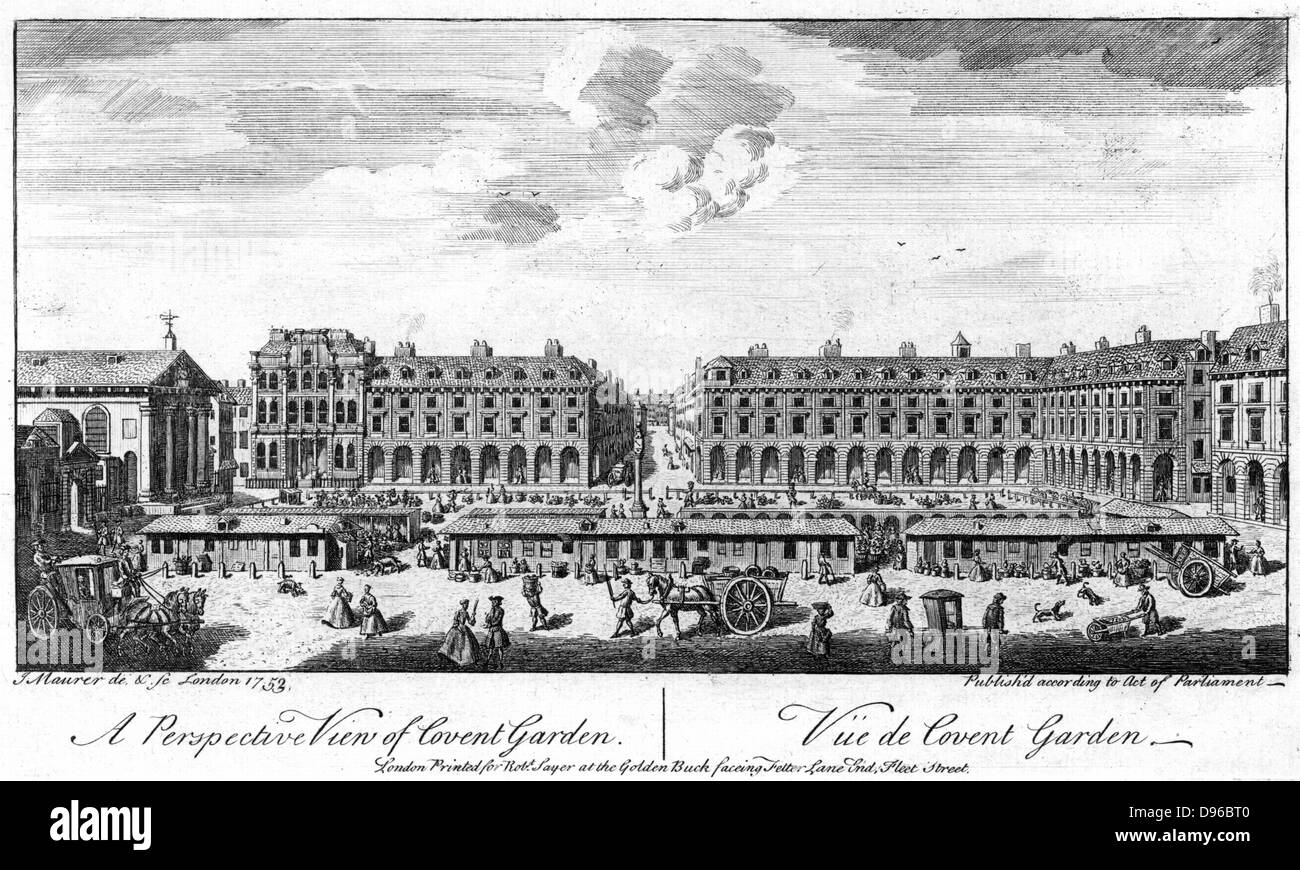 Il Covent Garden di Londra nel 1753, il principale mercato di frutta e verdura per la città, mostrando bancarelle nel centro della piazza. Incisione su rame Foto Stock