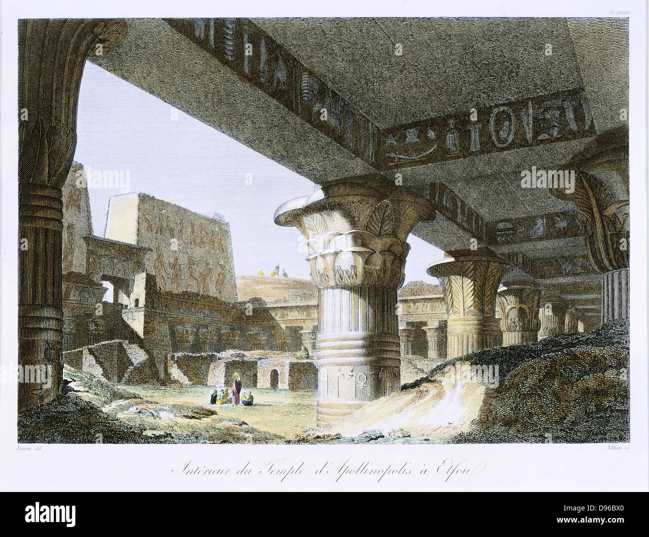 Tempio di pietra arenaria di Edfu Idfu (o Behdet), Alto Egitto, dedicato a falcon-intitolata dio Horus. Colorate a mano incisione. Foto Stock