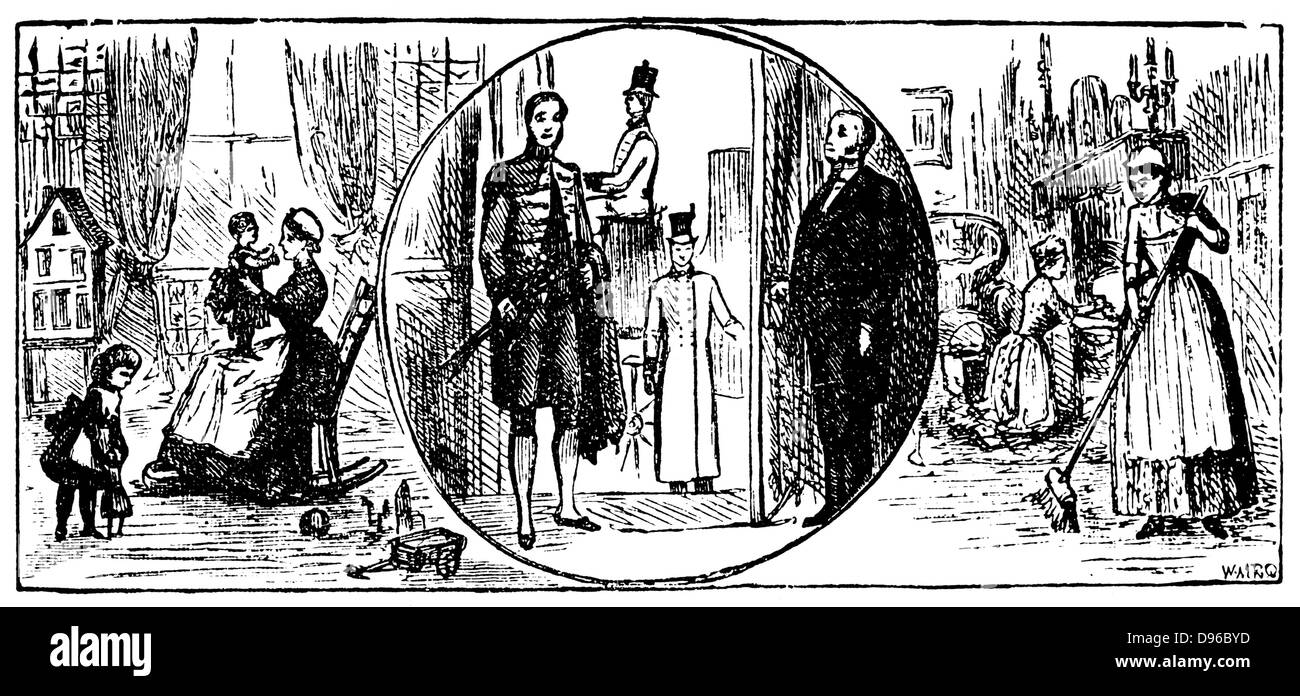 Nursemaid, fante, cocchiere, il maggiordomo e il salotto cameriere. Testiera da Isabella Beeton 'il libro di gestione di tipo familiare", Londra, 1901. Incisione su legno Foto Stock