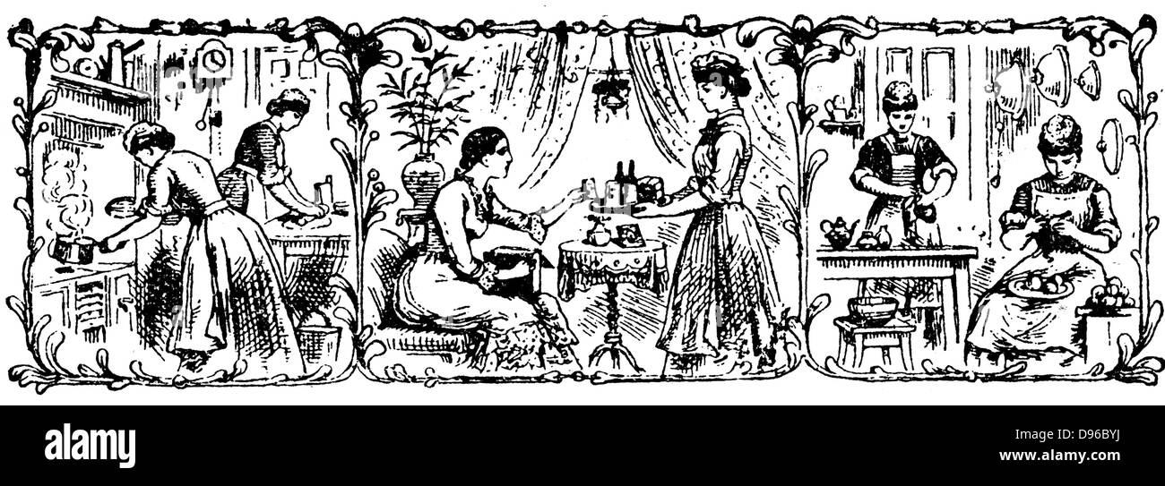 Il cuoco e cameriera cucina, salottino cameriera e Scullery cameriere. Testiera da Isabella Beeton 'il libro di gestione di tipo familiare", Londra, 1901. Incisione su legno Foto Stock