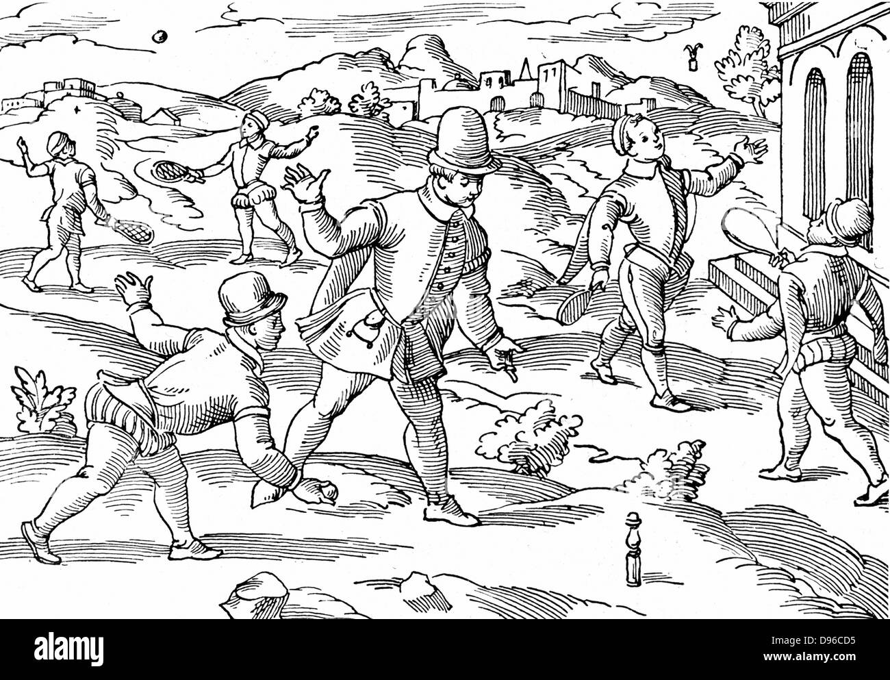 Giochi per bambini nel XVI secolo: in primo piano i ragazzi sono la riproduzione di una forma di birilli, di destra sul volano, sullo sfondo a sinistra a giocare a palla con incordatura racchette. Xilografia. Foto Stock