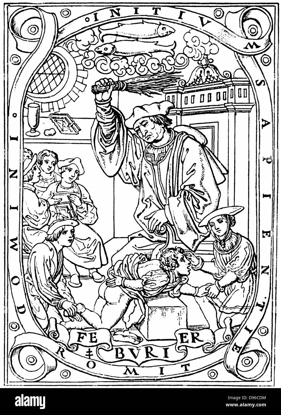 Scolaro avente conoscenze battuto in lui con la betulla, una scena familiare agli scolari in Europa e Gran Bretagna. Illustrazione per febbraio da 'Les Petites Heures a l'usage de Chartres", 1526. Xilografia . Foto Stock