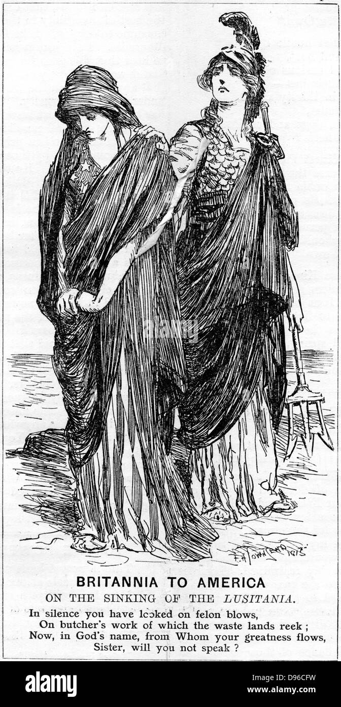 Sul naufragio della nave "Lusitania', 1915. Britannia in America: "Nel silenzio che hai guardato su felon soffia sulla macelleria opera della quale i rifiuti terre reek; ora, in nome di Dio, dal quale la tua grandezza fluisce, sorella, non si parla?" un sommergibile tedesco silurato il Lusitania al largo delle coste irlandesi il 7 maggio 1915. Sebbene disarmati, che portava munizioni. Svolte 1.198 persone hanno perso la loro vita, dei quali 128 sono stati i cittadini statunitensi. Da 'Foratura', Londra, maggio 1915. Foto Stock