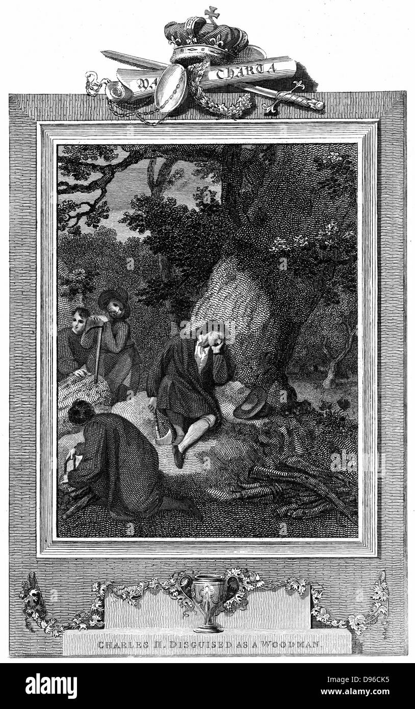 Charles II (1630-85) re di Gran Bretagna e Irlanda dal 1660 dopo la restaurazione della monarchia. Charles, durante la Guerra Civile, travestito da woodman. Incisione su rame, London, 1824 Foto Stock