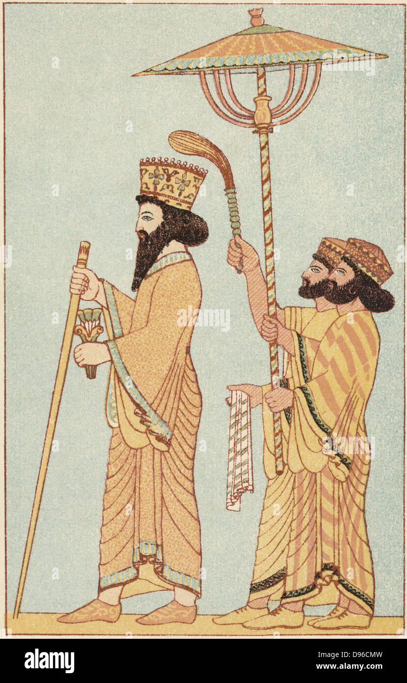 Dario I (548-486 a.C.) Achemenide re di Persia dal 521, con gli operatori. Chromolithograph del 1881 dopo il fregio nella cittadella di Susa. Foto Stock