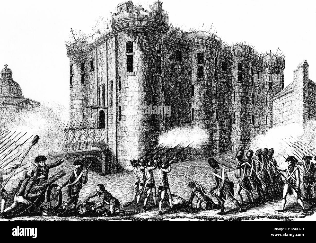 Storming della Bastille dai parigini portato dalle guardie granatieri 14 luglio 1789. Incisione del 1804 Foto Stock