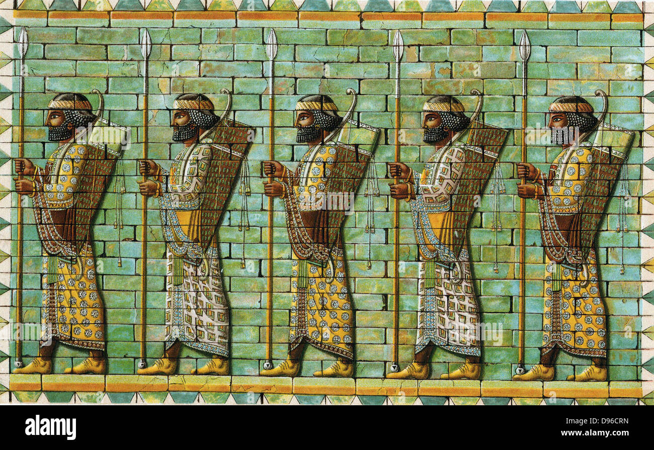 Il Immortals. La guardia del corpo del re persiano. Fregio dalla sala delle udienze della cittadella di Dario I (548-486 a.C.) a Susa. Scavato da Dieulafoy. Foto Stock