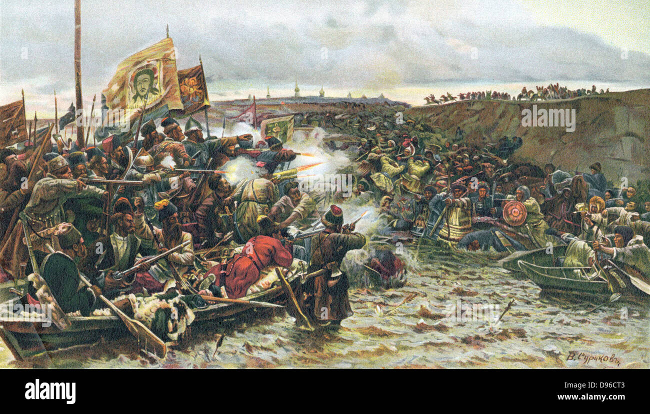Inizio della conquista della Siberia. Cosacchi sotto Jermak Timofejew attaccando esercito di Khan Kutschuma sul fiume Irtysch 1580. Oleograph c1900. Foto Stock
